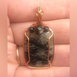 Wire Wrapped Black Rutilated Quartz w/Obsidian Pendant Necklace Handmade OOAK